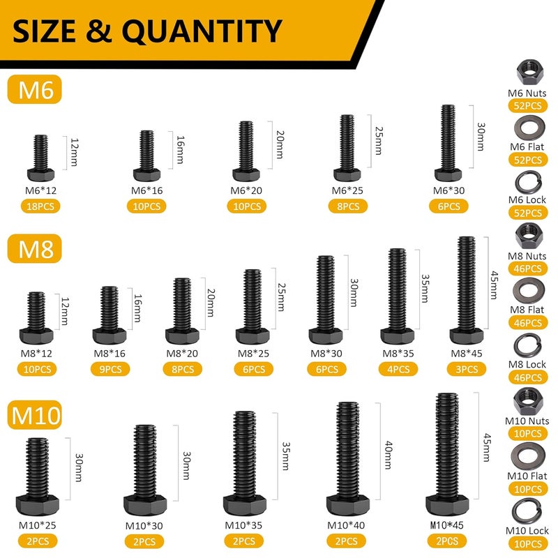 ZTF 432pcs Grade 12.9 Nuts and Bolts Assortment Kit,M6 M8 M10 Heavy Duty Bolts and Nuts Kit, M6 x1.0 M8 x1.25 M10-1.25 (12mm to 45mm) Hex Socket & Flat Head Metric Screws Assortment Kit - Image 2
